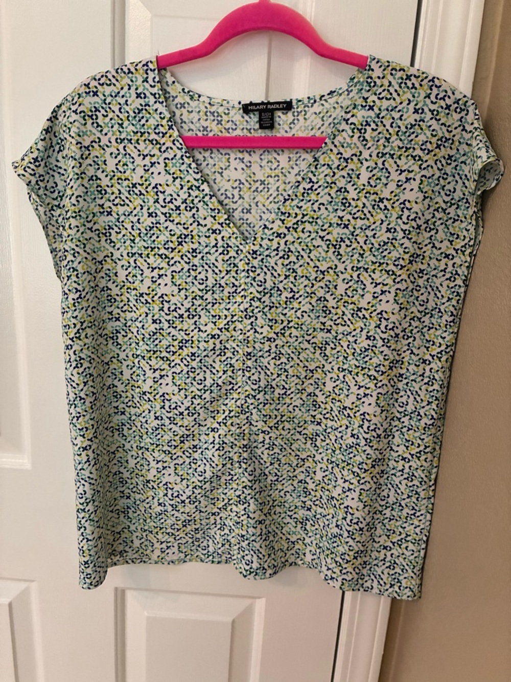 Hilary Radley Blue and Green Printed V-Neck Blouse